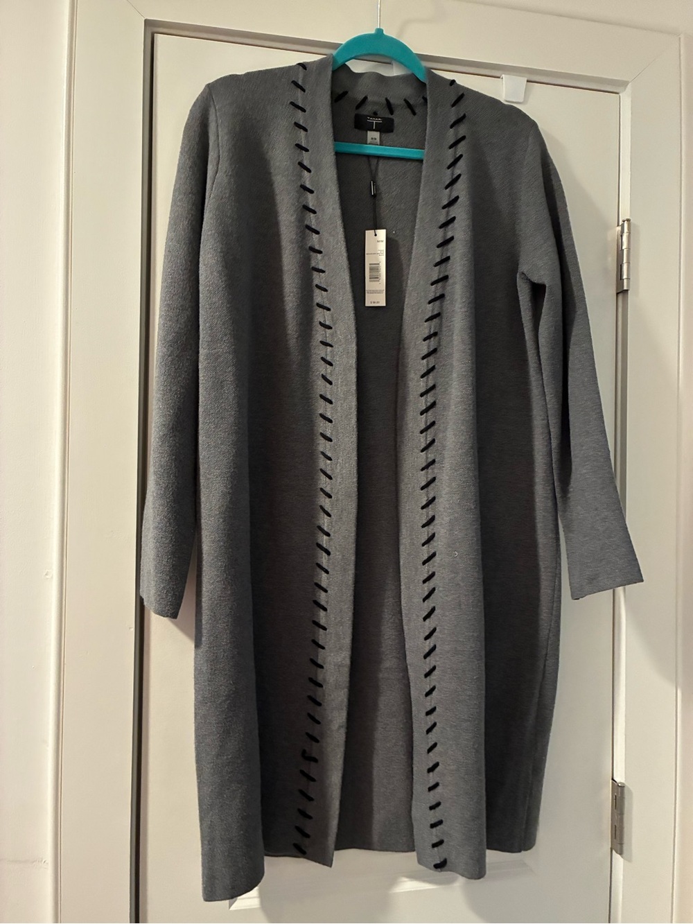 NWT Tahari Charcoal Gray Black Stitch Open-Front Longline Cardigan